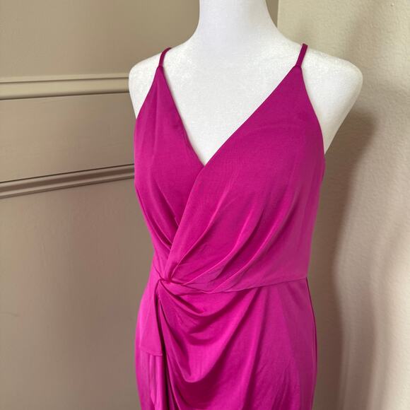 Eliza J Magenta Fuchsia Gathered Ruffle Bodycon Midi Dress Wrap Bodice Size 8 - Picture 2 of 5